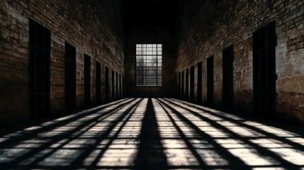 Fototapeta premium The beam of light hitting the room from the iron-barred window resembles a prison, dungeon or an abandoned building.