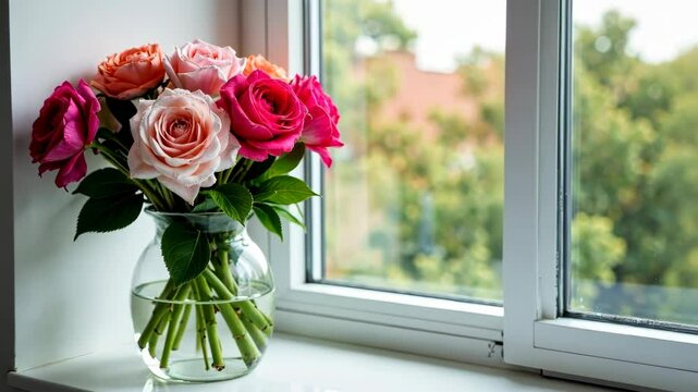 Beautiful mixed roses in a clear round vase on a windowsill, natural photography style, with blurred green outdoor background, concept of home decor