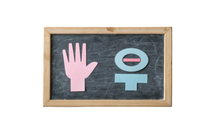 Female symbol and hand cutout on blackboard with wooden frame, representing gender concept with simple and clear design