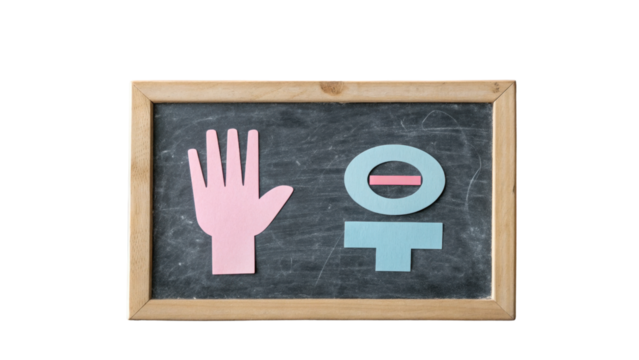 Female symbol and hand cutout on blackboard with wooden frame, representing gender concept with simple and clear design