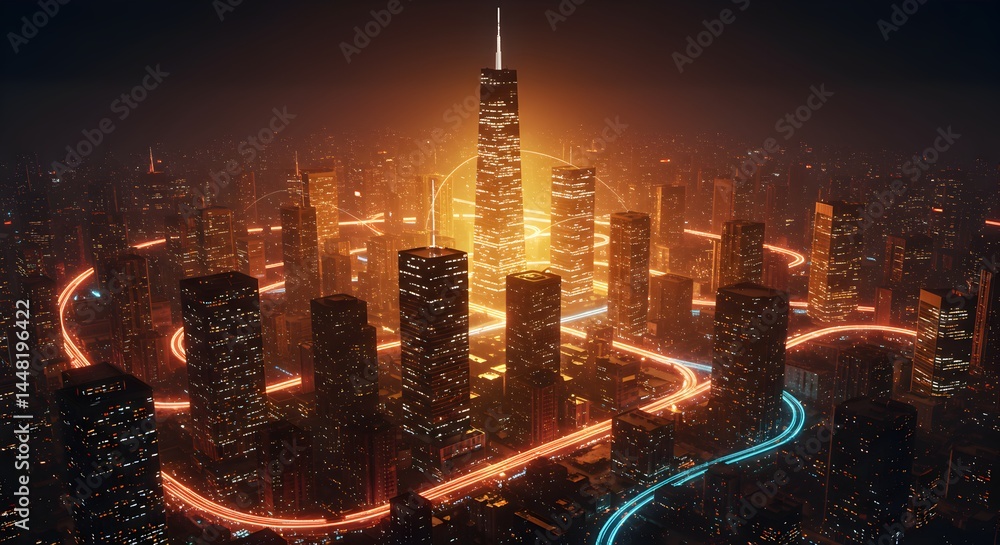 Poster futuristic metropolis illuminated with glowing neon trails and dynamic architecture