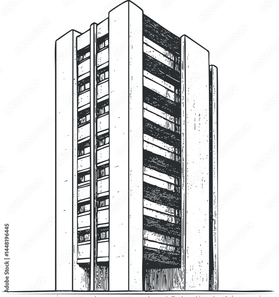 Poster black and white illustration of a modern highrise building with multiple floors and vertical structu
