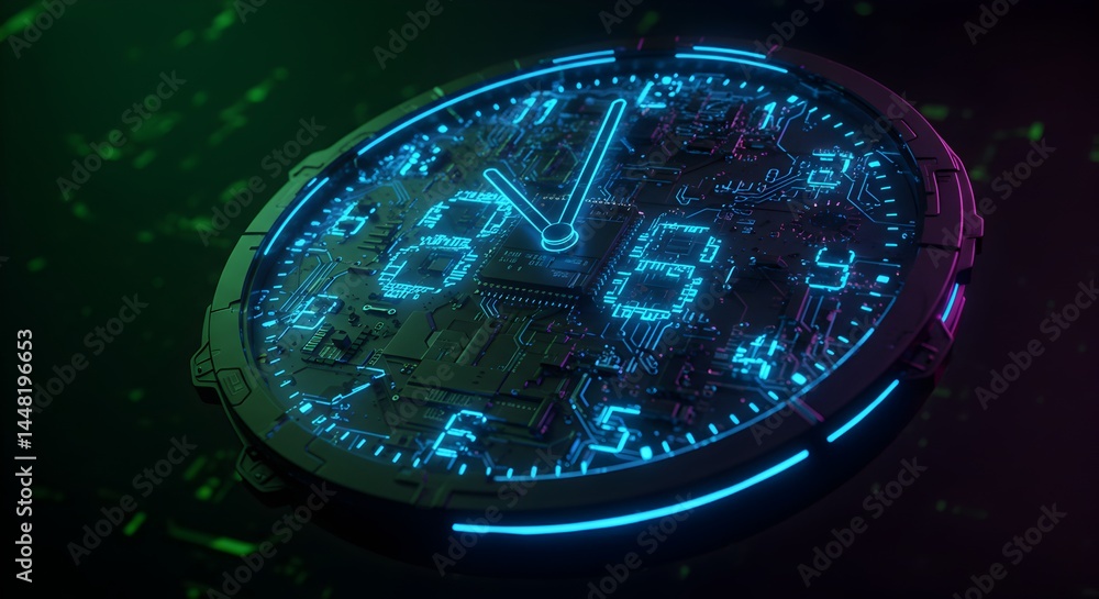 Poster futuristic digital time concept, featuring a glowing circuit board clock design