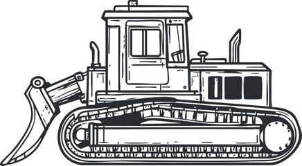 Black and white side view illustration of a bulldozer heavy construction machine with tracks and blade