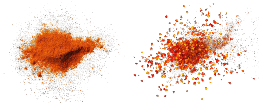 A vibrant display of orange powder and granules on a contrasting black background. showcasing texture and color variations. ideal for culinary or artistic applications