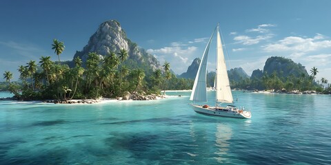 Sailboat sailing near tropical island paradise view