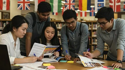 A group of students collaborates in a library, discussing materials and taking notes, surrounded by international flags. - Powered by Adobe