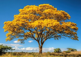Tree with yellow flowers in grassy field under blue sky and white clouds.