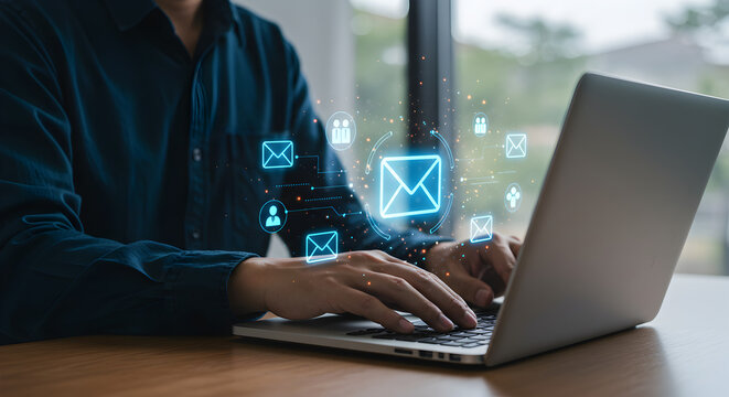 Email marketing strategy businessman using laptop for newsletter digital campaign management automation
