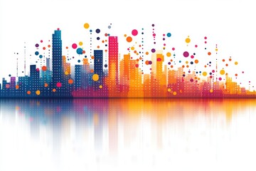 Fototapeta premium Vibrant Cityscape Digital Art of Urban Skyline with Colorful Dots and Reflections