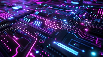 Obraz premium Futuristic circuit board close-up: Glowing pink, purple, blue neon lights illuminating intricate pathways, microchips, and components. Advanced technology concept. 