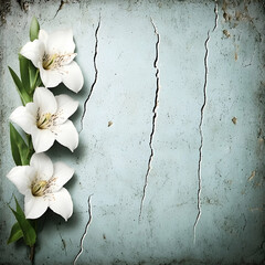 White lilies on rustic blue wood; spring floral background for greeting cards