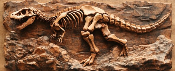 Naklejka premium Intricate Wooden Carving of a Dinosaur Fossil Embedded in Rock