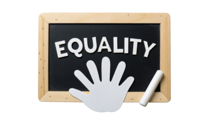 Equality concept with white paper hand cutout and chalk on small blackboard, symbolizing fairness and human rights in simple design