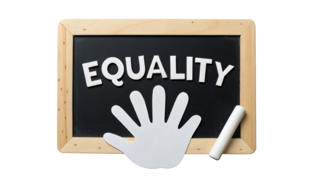 Equality concept with white paper hand cutout and chalk on small blackboard, symbolizing fairness and human rights in simple design