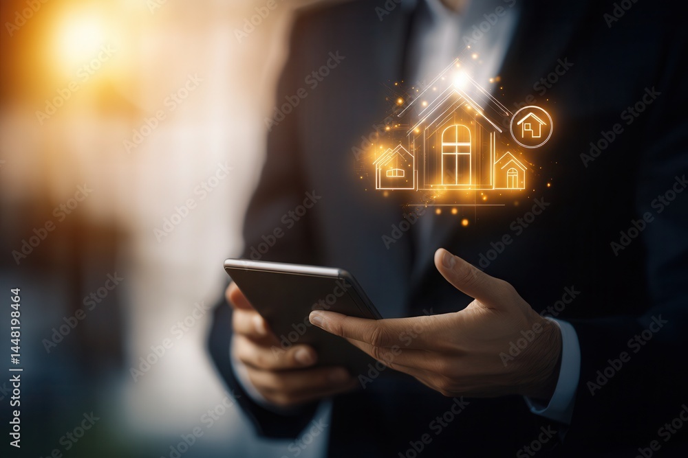 Aufkleber businessman using smartphone to access smart home technology with glowing icons in background