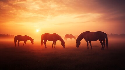 Majestic Horses Grazing at Foggy Sunrise Pastoral in Warm Orange Glow