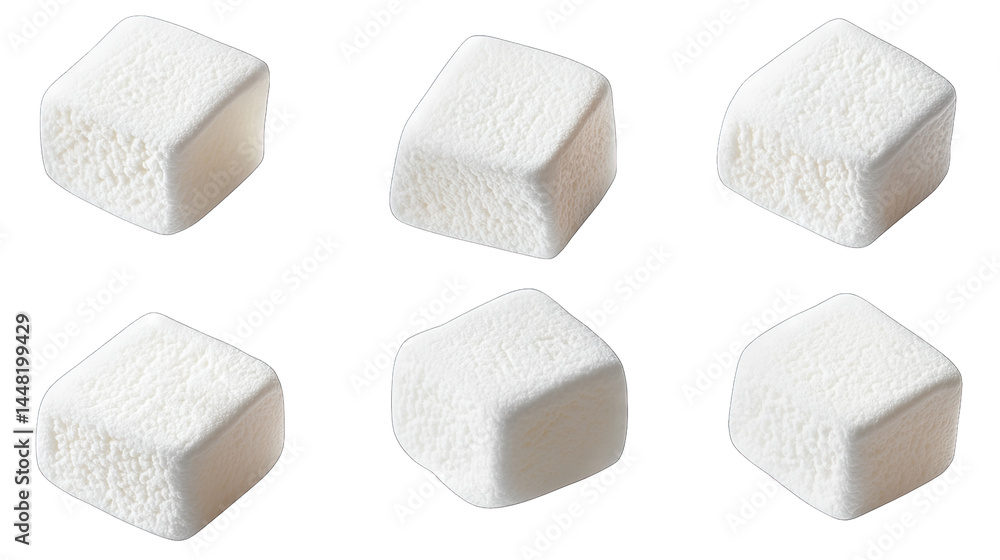 Poster a close-up view of six sugar cubes arranged in two rows on a clean surface. highlighting their textu