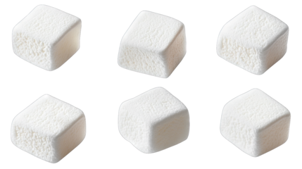 A close-up view of six sugar cubes arranged in two rows on a clean surface. highlighting their texture and shape. suitable for culinary. beverage. or food-related contexts