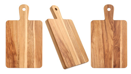 Three empty wooden cutting boards isolated on transparent background, kitchen tools for cooking