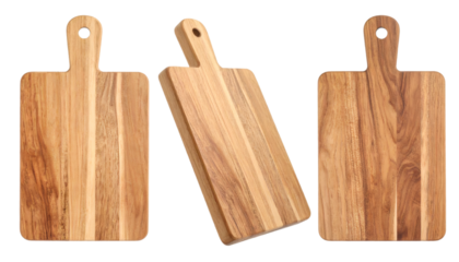 Three empty wooden cutting boards isolated on transparent background, kitchen tools for cooking