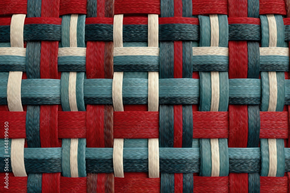 Aufkleber colorful woven texture featuring intricate patterns of red, blue, and cream fibers creating a vibran