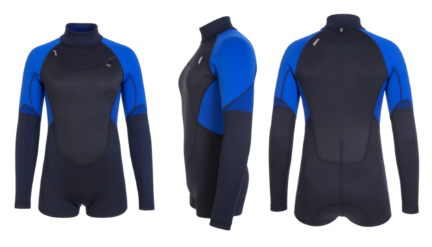 Set of three diving suits from different angles, isolated on transparent background