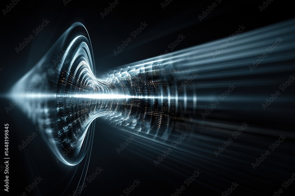 Poster light waves create an abstract design resembling a vortex in dark space, showcasing modern digital a