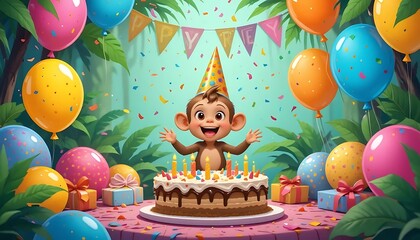 Cartoon Monkey Birthday Party Poster
A playful vector poster and looped animation of a baby monkey celebrating a birthday party with balloons and cake. 
