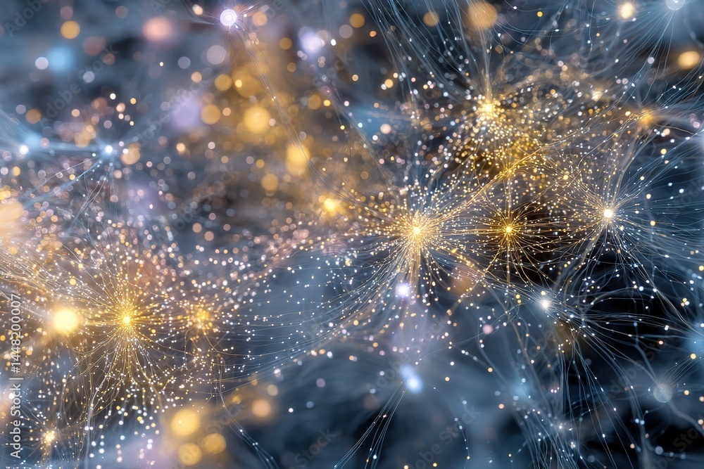 Poster exploring the intricate connections of neural networks illuminated by vibrant light points