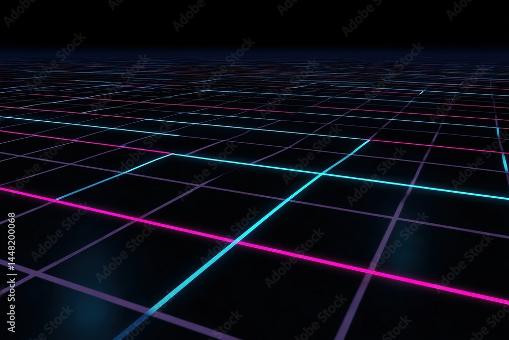 Poster neon grid pattern creating a retro futuristic landscape during a night scene