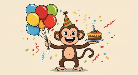 Cartoon Monkey Birthday Party Poster
A playful vector poster and looped animation of a baby monkey celebrating a birthday party with balloons and cake. 