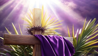 Wooden cross with crown of thorns on purple cloth, palm leaves, and light rays in purple sky