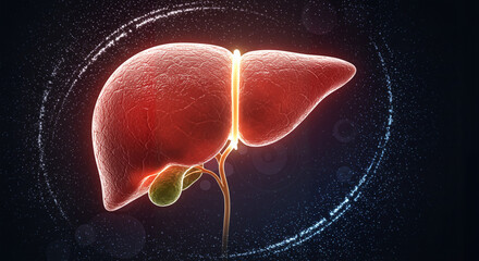 3D illustration of human liver anatomy, glowing effect, medical science, copy space