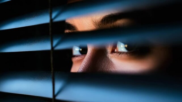 A person&rsquo;s eyes peeking through dark window blinds, creating a feeling of secrecy and curiosity.