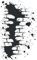 Black and white illustration of a broken brick wall with irregular hole and splattered texture