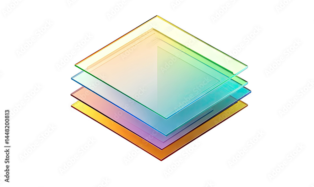 Poster a vibrant. multi-layered abstract design featuring translucent geometric shapes in a gradient of col