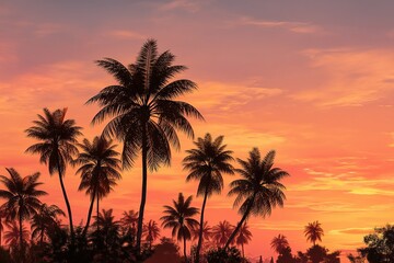 Colorful sunset over palm trees silhouettes on a tropical beach in the evening
