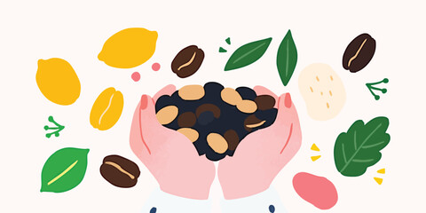 The artistic image showcases a pair of hands tenderly cradling a pile of roasted coffee beans, surrounded by various elements like lemons, leaves, and a hint of other ingredients.