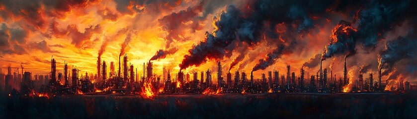 Industrial pollution depicted in a fiery sunset scene.