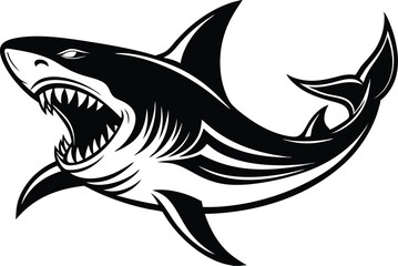 Aggressive Great White Shark Vector Illustration in Black and White