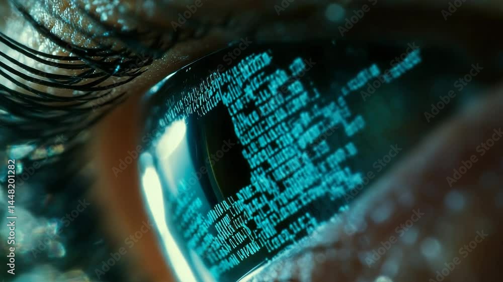 Poster a close-up of a human eye reflecting lines of digital code, symbolizing the connection between techn