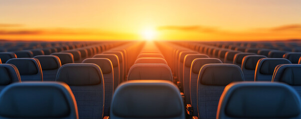 Obraz premium Soft focus airplane seats, empty cabin, sunset light, peaceful travel, modern interior, transportation, vacation mood