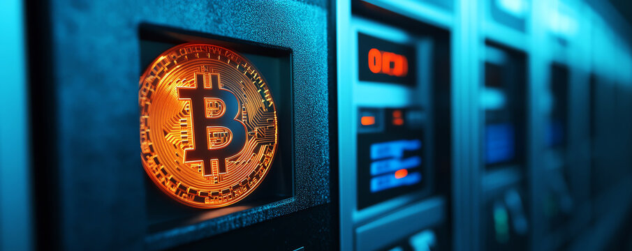 Glowing bitcoin symbol on digital ATM in modern server room, futuristic financial technology, secure cryptocurrency transaction