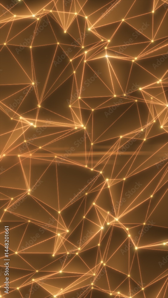 Poster glowing orange wireframe network with connecting nodes forming a digital mesh across a dark backdrop