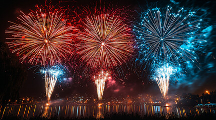 Fireworks display over lake at night