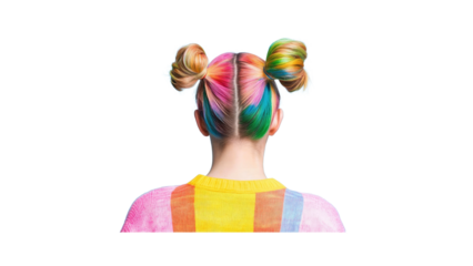 Rear View of Girl with Vibrant Rainbow Hair in Space Buns