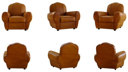 Vintage sofa in many views, rotating at different angles, isolated on a white background