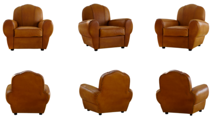 Vintage sofa in many views, rotating at different angles, isolated on a white background