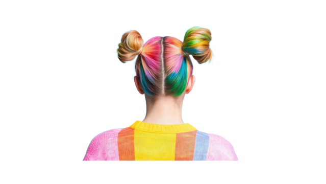 Rear View of Girl with Vibrant Rainbow Hair in Space Buns